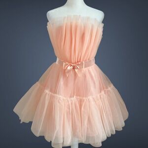 Peach Tulle Pleated Mini Dress Strapless Coquette Balletcore Party Dress Size M